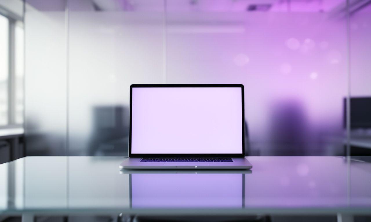 Frosted glass workspace with a laptop, secure chat interface, and subtle Kyiv office lighting