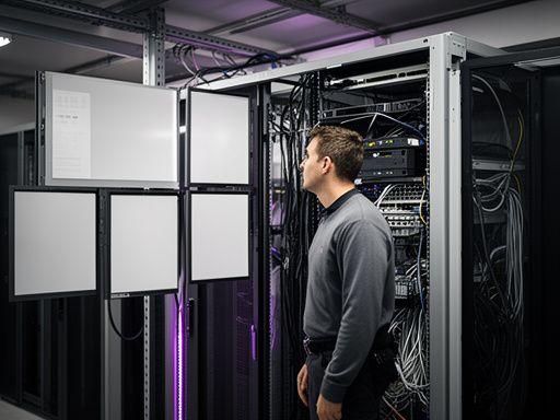 Олег Савченко поруч із стендом серверів, кабелів і схемою інфраструктури захищеного обміну