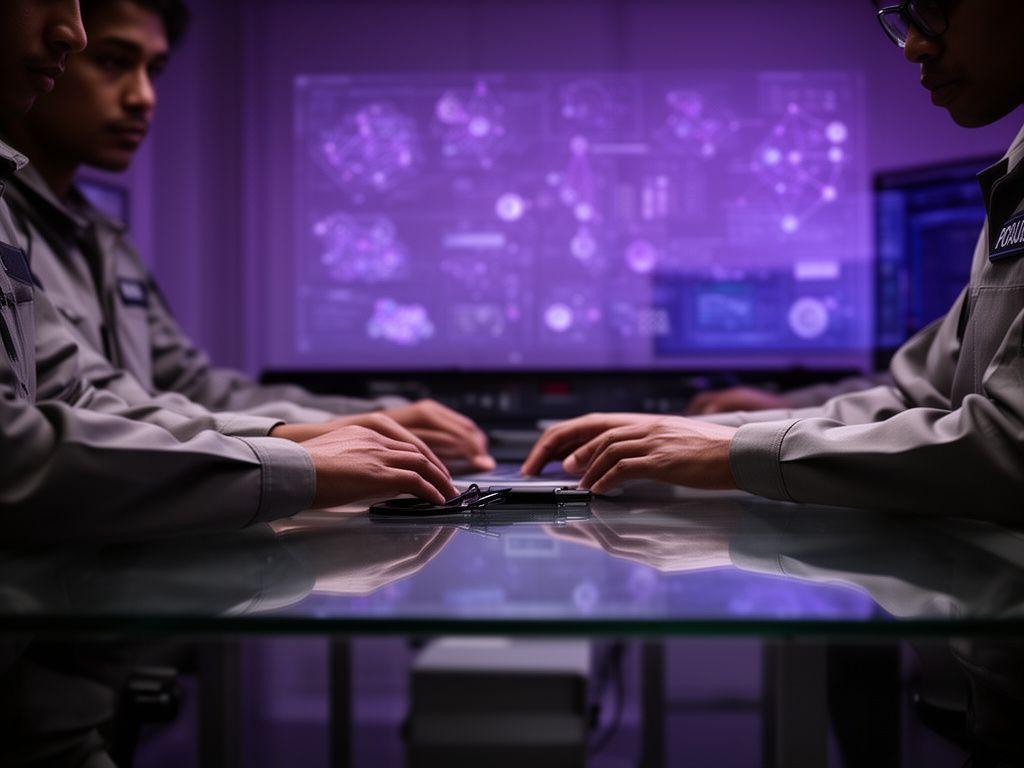 Security engineers reviewing encryption diagrams on a glass desk in a dim modern lab